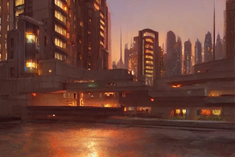 Image similar to night light as day trending on artstation building by frank lloyd wright painting by james gurney by trending on artstation matte painting,