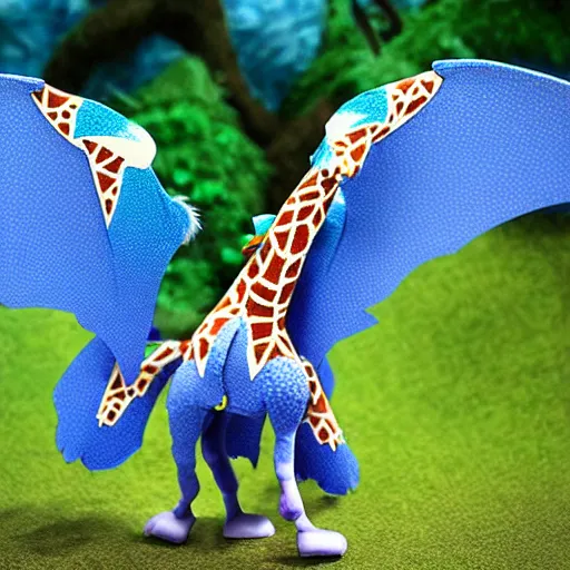 Image similar to giraffe with big blue feathered dragon wings on its back, full body shot, wings, by studio ghibli