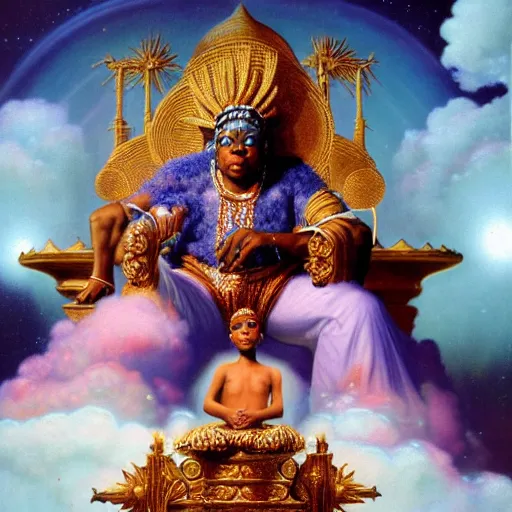 Prompt: obatala the cosmic god sitting on a throne of nebula clouds, by Adi Granov and thomas blackshear, matte painting, orisha, 8k, hd