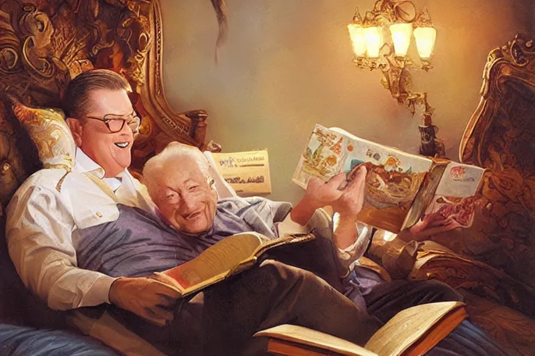 Image similar to portrait of rod roddy reading a bedtime story to bob barker in bed, an oil painting by ross tran and thomas kincade