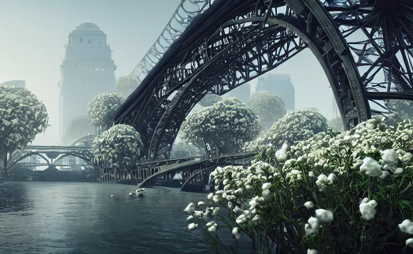 Image similar to explosions in the form of realistic white cotton plants on harbour bridge, huge white cotton plants everywhere on the destroyed harbour bridge, smooth, sharp focus, highly detailed, 3 d octane render, epic lighting, crazy atmosphere, lots of cotton plants, 8 k, by goro fujita