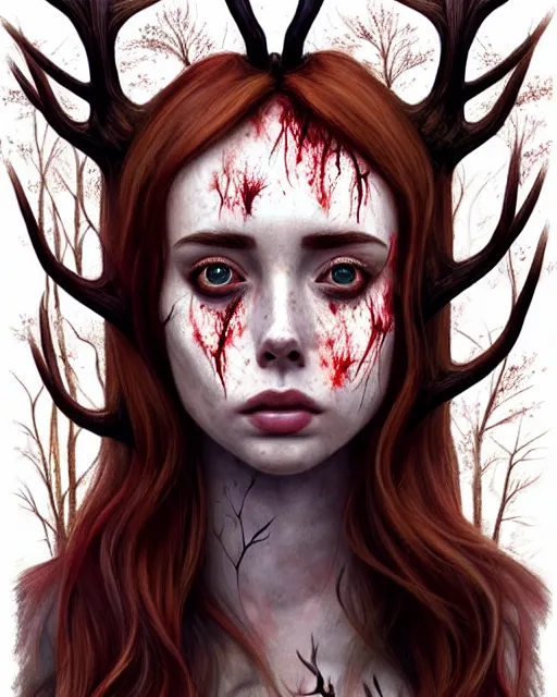 Image similar to surrounded by trees, full body realistic character concept, gorgeous Kacey Rohl, red hair, small freckles, Wendigo creature antlers deer skull face, symmetrical face, symmetrical eyes, covered in blood, dark forest, trees, shorter neck, cinematic lighting, Joshua Middleton and artgerm, fear anxiety terror