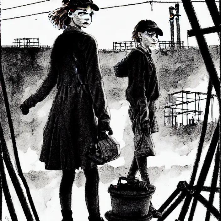 Image similar to sadie sink in dirty workmen clothes waves goodbye to workmen. near a gate. background : factory, dirty, polluted. technique : black and white pencil and ink. by gabriel hardman, joe alves, chris bonura. cinematic atmosphere, detailed and intricate, perfect anatomy