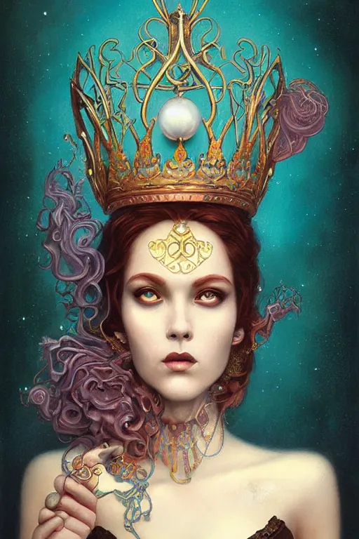 Image similar to Copper Crown with iridescent pearls and cyan jewels, other worldly, art nouveau, by Anato Finnstark, Tom Bagshaw, Brom