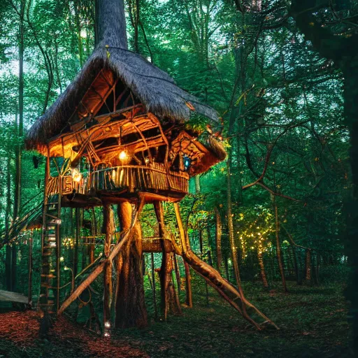 Image similar to a professional photograph of a treehouse village in a forest covered in fairy lights, HD, high quality, highly detailed, award-winning