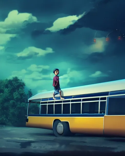 Image similar to boy in a bus looking into the sky, psychedelic trip, cinematic shot, epic composition, fine details, octane render, 8 k, depth of field, concept art, oil painting, digital art, deviantart artstation, extremely detailed, very sharp,