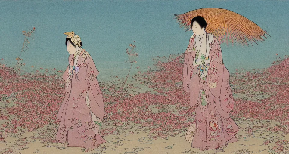 Prompt: a young asian woman with traditional korean robes walking on the sand in the desert, thousand flowers on her head, ultradetailed fantastic castles in the distance, japanese art, korean art, illustration in the style of moebius, miyazaki, alphone mucha, hokusai