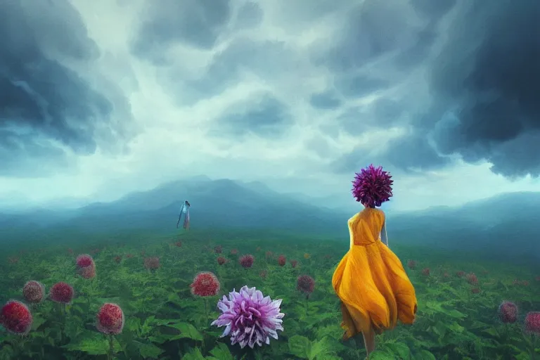 Image similar to closeup giant dahlia flower as head, girl standing on mountain, surreal photography, blue storm clouds, dramatic light, impressionist painting, digital painting, artstation, simon stalenhag