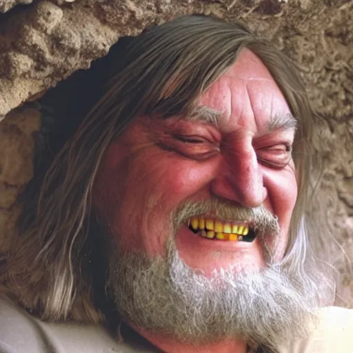 Image similar to laughing robert wyatt sitting in a cave