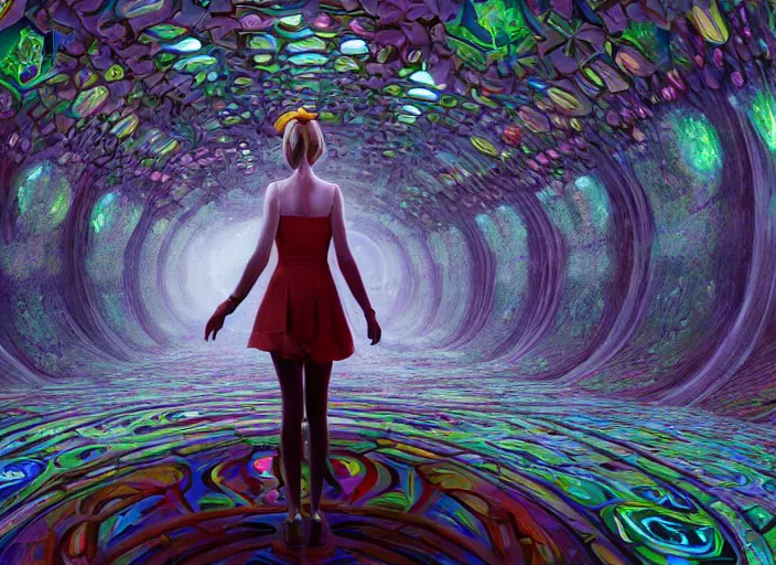 Image similar to vfx surreal 3 d portrait of alice from wonderland walking into a non - euclidean and infinite tunnel of evanescent hallucinatory images, reflections in endless mirrors, giant mushrooms, hyperdetailed, octane render, sharp focus, concept art, intricate by alex grey, greg rutkowski jeff soto and daniel merriam, dan mumford and pixar, octane render