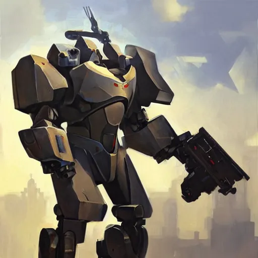 Image similar to greg manchess portrait painting of fully armored mecha punisher as overwatch character, medium shot, asymmetrical, profile picture, organic painting, sunny day, matte painting, bold shapes, hard edges, street art, trending on artstation, by huang guangjian and gil elvgren and sachin teng