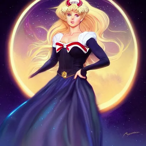 Image similar to Jennifer Connelly with blonde hair as Sailor Moon, western, D&D, fantasy, intricate, elegant, highly detailed, digital painting, artstation, concept art, matte, sharp focus, illustration, art by Artgerm and Greg Rutkowski and Alphonse Mucha