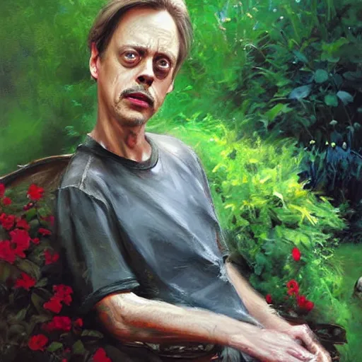 Image similar to steve buscemi sitting in a lovely garden. beautiful painting by raymond swanland, beautiful detailed face.