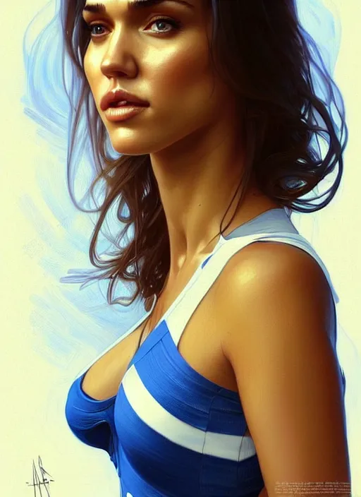 Image similar to portrait of woman who is a mix between jessica alba and megan fox, in a short blue and white dress, no shoes, intricate, full body shot, highly detailed, digital painting, artstation, concept art, sharp, smooth, crisp focus, cinematic lighting, illustration, art by artgerm and greg rutkowski, alphonse mucha, cgsociety