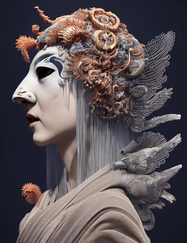 Image similar to 3 d goddess in robe close - up profile portrait with ram skull. beautiful intricately detailed japanese crow kitsune mask and clasical japanese kimono. betta fish, jellyfish phoenix, bio luminescent, plasma, ice, water, wind, creature, artwork by tooth wu and wlop and beeple and greg rutkowski