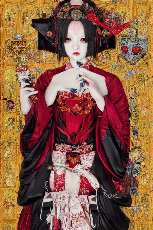 Image similar to a thoth tarot card of an avant - garde japanese bjd geisha vampire queen in victorian red dress in the style of dark - fantasy lolita fashion painted by yoshitaka amano, takato yamamoto, james jean, dmt art, symmetrical vogue face portrait, intricate detail, artstation, cgsociety, artgerm, gold skulls, rococo