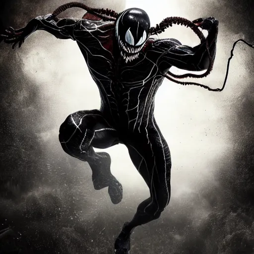 Image similar to full body pose, hyperrealistic photograph of venom, dim volumetric lighting, 8 k, octane beautifully detailed render, extremely hyper detailed, intricate, epic composition, cinematic lighting, masterpiece, trending on artstation, very very detailed, stunning, hdr, smooth, sharp focus, high resolution, award, winning photo, dslr, 5 0 mm