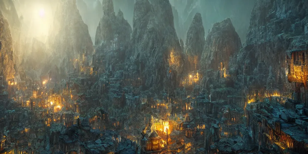 Prompt: A shining dwarven city in a dark, rainy and gloomy cavern, fantasy digital art, octane render, beautiful composition, trending on artstation, award-winning photograph, masterpiece