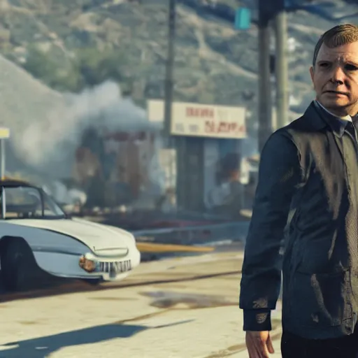 Prompt: martin freeman in gta v, looking confused, a car exploding in the background. unreal engine 4 render 4 k