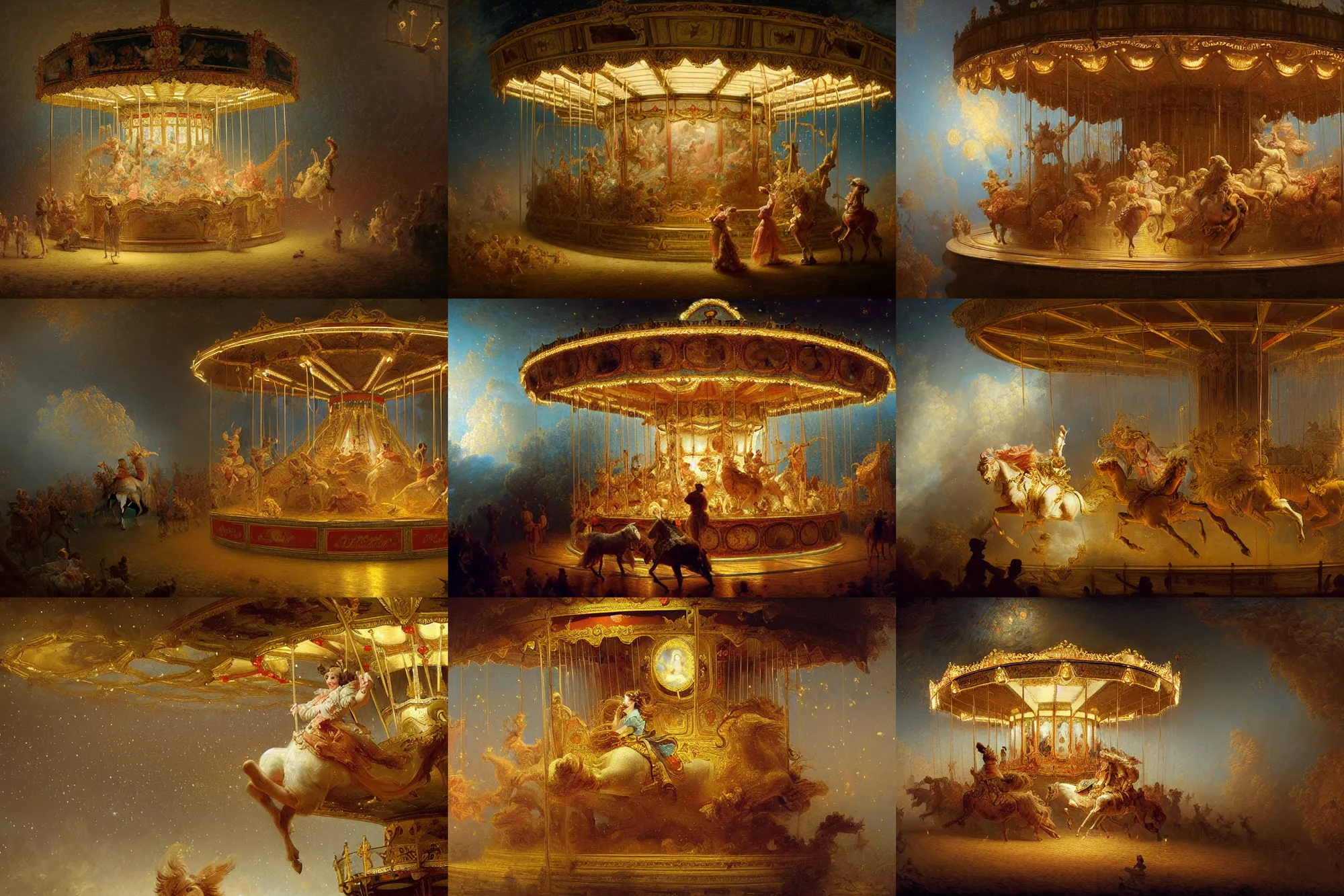 Prompt: carousel showing the stars, stoic, light dust, magnificent, hyperdetailed, theatrical, close up, masterpiece, painted by jean honore fragonard and greg rutkowski