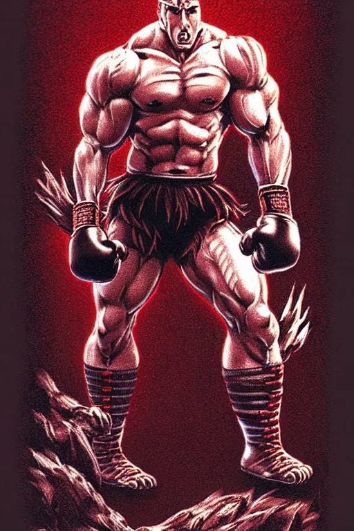 Image similar to extreme long shot. 8 bit nes graphics. antropomorphic muscular masculine wolf. kickboxer fighter, in shorts. wolf head. fine details, very sharp, art from nes game cartridge, vhs, vaporwave, marc simonetti and hermann nitsch