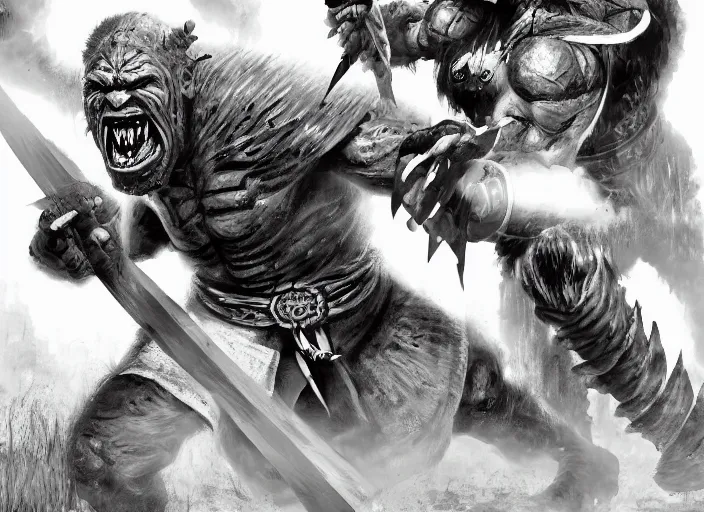 Prompt: a human warrior fighting a orc, black and white fantasy illustration by nils gulliksson