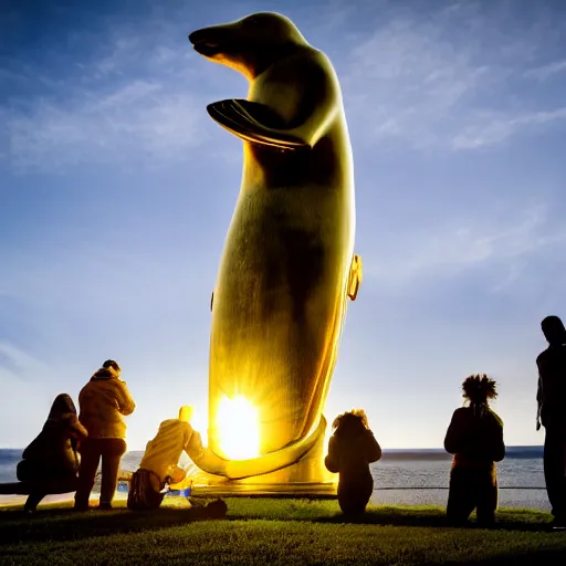 Image similar to humans praying to a statue of a giant golden baby harp seal, Leica, 4k photo