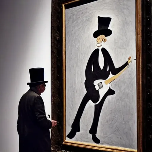 Prompt: in an art gallery, there is a huge picasso painting of a simple and lonely old man playing the guitar. a man in a top hat and a suit is admiring the painting. cgsociety, surrealism, surrealist, dystopian art, 3 d