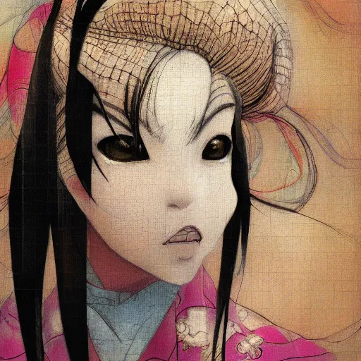 Image similar to yoshitaka amano blurred and dreamy realistic three quarter angle portrait of a woman with white hair and black eyes wearing dress suit with tie, junji ito abstract patterns in the background, satoshi kon anime, noisy film grain effect, highly detailed, renaissance oil painting, weird portrait angle, blurred lost edges
