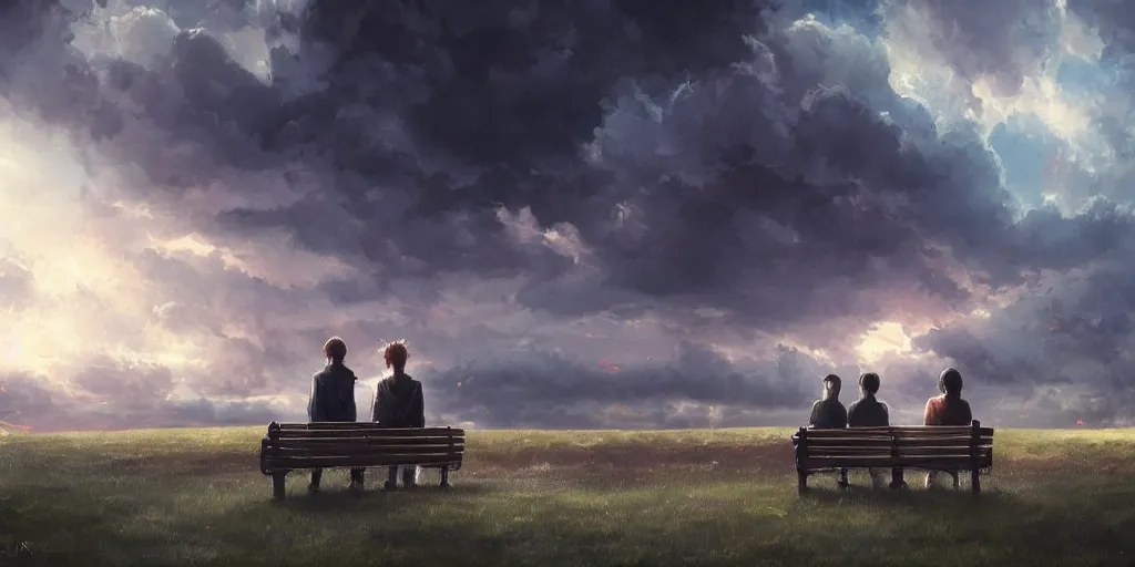 Image similar to a family with sorrow faces sitting on a bench, dramatic sky, close up shot, anime art, Greg Rutkowski, dramatic lighting