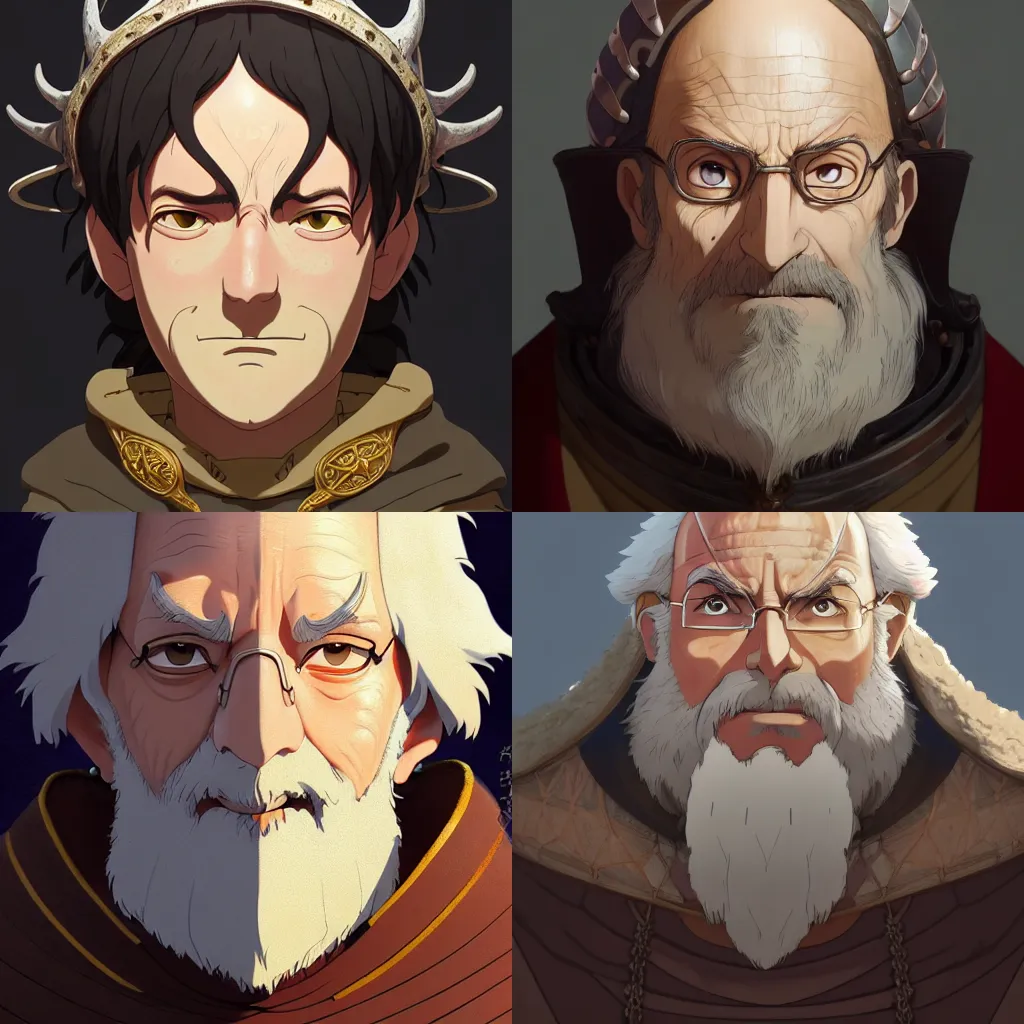 Prompt: portrait of a medieval old king, artstation, cartoon, highly detailed digital painting, clean outstanding art by ghibli!, makoto shinkai!, bluth!, fujita goro!, giraud!, ghailan! 8 k