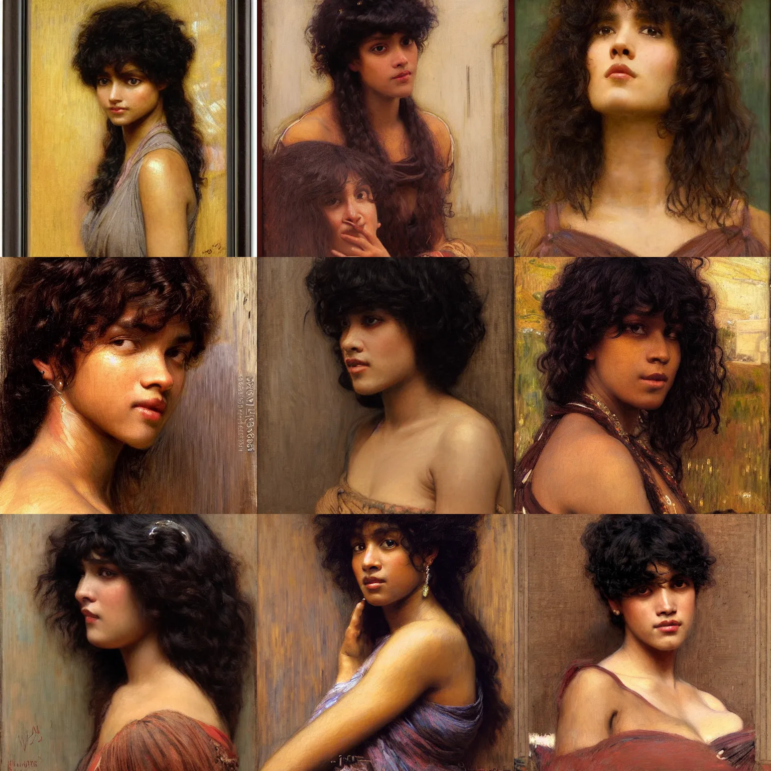 Image similar to bangs, curly black hair woman with brown skin portrait by john william waterhouse and Edwin Longsden Long and Theodore Ralli and gaston bussiere. Cinematic, hyper realism, dramatic lighting, high detail 8k