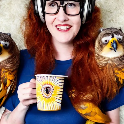 Prompt: a stunning hyper-detailed portrait photo of a beautiful smiling bespectacled woman with long auburn hair and bangs, wearing a tie-dye t-shirt, wearing steampunk headphones and posing with her raccoons and parrots in an overstuffed easy chair in her sunlit living room, holding a coffee cup and a donut and smoking an elaborate hookah, perfect eyes, octane render, unreal engine, 85 mm lens,