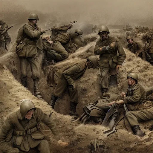 Prompt: 1942 trenches, ww2 soldiers, bleak, wounded, heroic, dark atmosphere, matte painting, trending on artstation