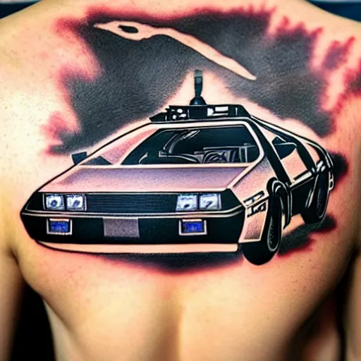 Image similar to a tattoo of delorean from back to the future,