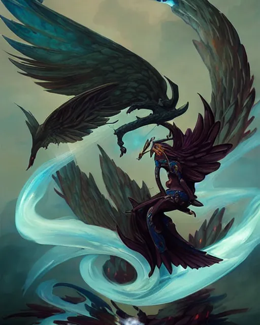 Prompt: Anivia ice phoenix wings of chaos, obsidian and aqua twisting smoke, dark fantasy stylized art by peter mohrbacher and marc simonetti