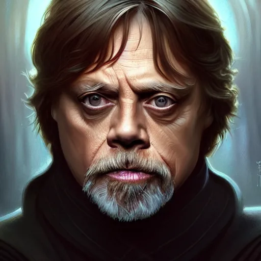 Image similar to Mark Hamill as a Sith Lord, western, D&D, fantasy, intricate, elegant, highly detailed, digital painting, artstation, concept art, matte, sharp focus, illustration, art by Artgerm and Greg Rutkowski and Alphonse Mucha