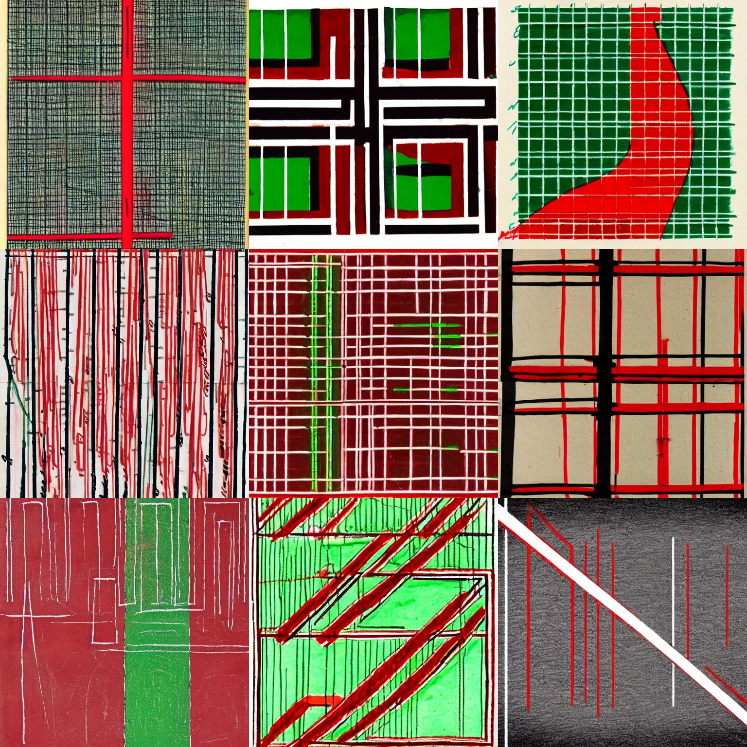 Prompt: Seven red lines, all of them are strictly perpendicular, some with green ink and one in a shape of a kitten