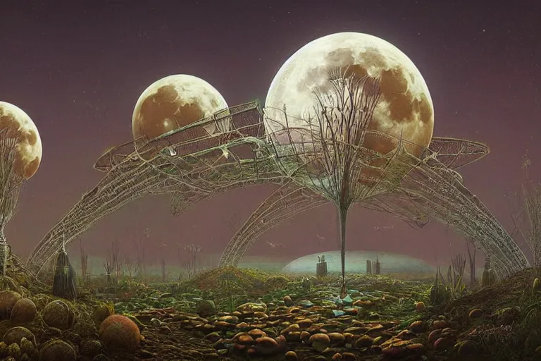 Prompt: a surreal and awe - inspiring science fiction landscape made of food, egg full moon, intricate, elegant, highly detailed matte painting by ernst haeckel and simon stalenhag
