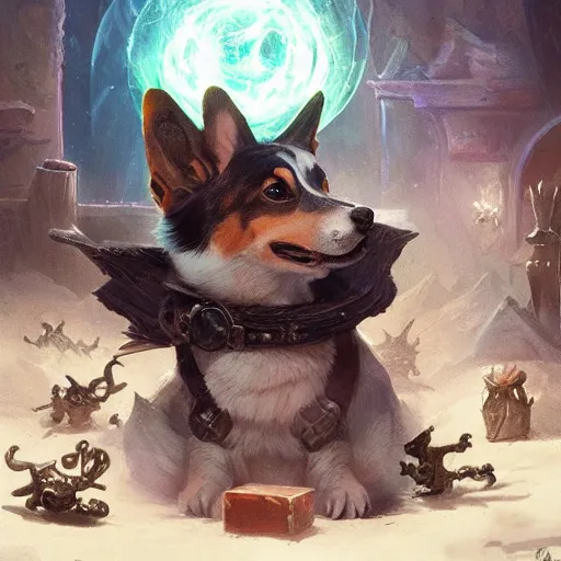 Prompt: a corgi thaumaturgist in his workshop, d & d character art, extremely detailed, hyperrealistic, arcane trinkets, mystical aura, glowing, beautiful digital illustration, greg rutkowski, trending on artstation