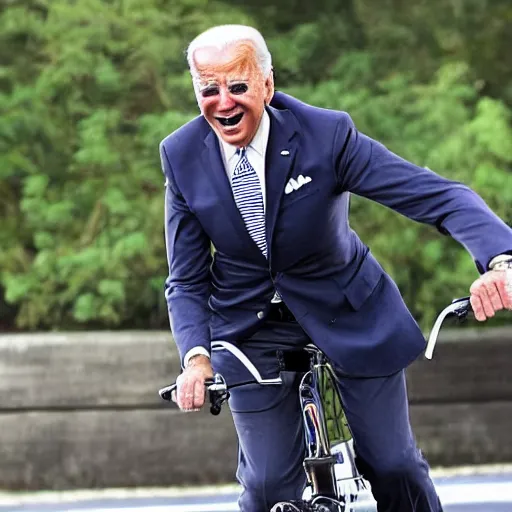 Image similar to full body shot ultra realistic photo of joe biden falling off of his bike, film, perfect face, in the style of a candid photo, perfect face