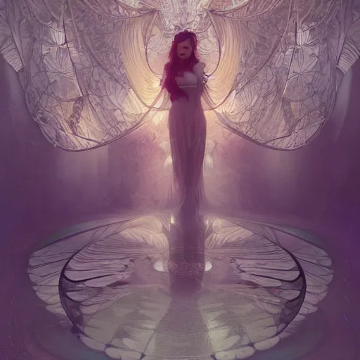 Prompt: beautiful mysterious woman wrapped in butterfly wings, standing in a sunny room interior, soft volumetric lighting, cinematic, sublime atmosphere, intricate detail, by nekro, tom bagshaw, alphonse mucha, octane render, deviantart