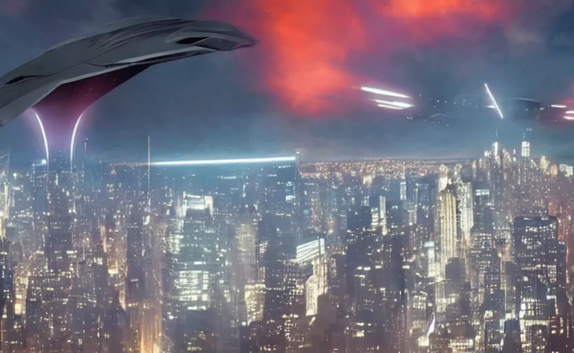 Prompt: a spaceship designed by peter schreyer flying over NYC in style of blade runner 2049