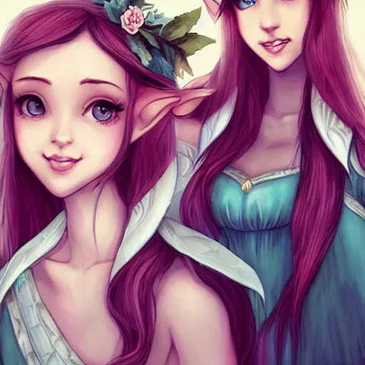 Prompt: two very very very beautiful elf princesses in their 20s embracing, wearing dresses, eye contact, flirty, smiling, perfect face, perfect body, drawn by artgerm