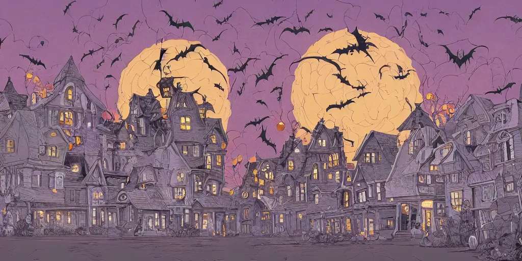 Prompt: a study of cell shaded cartoon of halloween town from tim burtons nightmare before christmas, illustration, wide shot, muted colors, concept art by josan gonzales and wlop, by james jean, victo ngai, david rubin, mike mignola, laurie greasley, highly detailed, sharp focus, trending on artstation, hq, deviantart, art by artgem