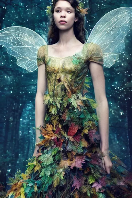 Prompt: masterwork full body photograph of astrid berges frisbey as a fairy. highly detailed face. sharp focus. realistic face. wearing a dress made out of stars. resting on a background of autumn leaves. fluid, dreamy, ethereal, vivid colours. wow! cinematic lighting. trending on artstation. cgsociety. by moebius. megapixels.