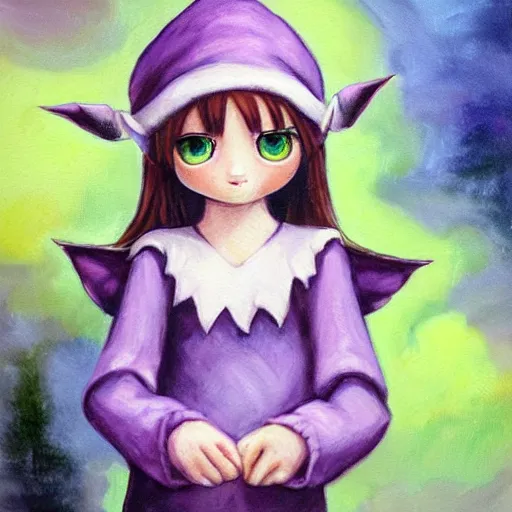 Image similar to little elf tomboy, purple tunic, soft hair. light color palate, detailed soft painting, made in abyss art style, anatomically correct, inspired in balthus