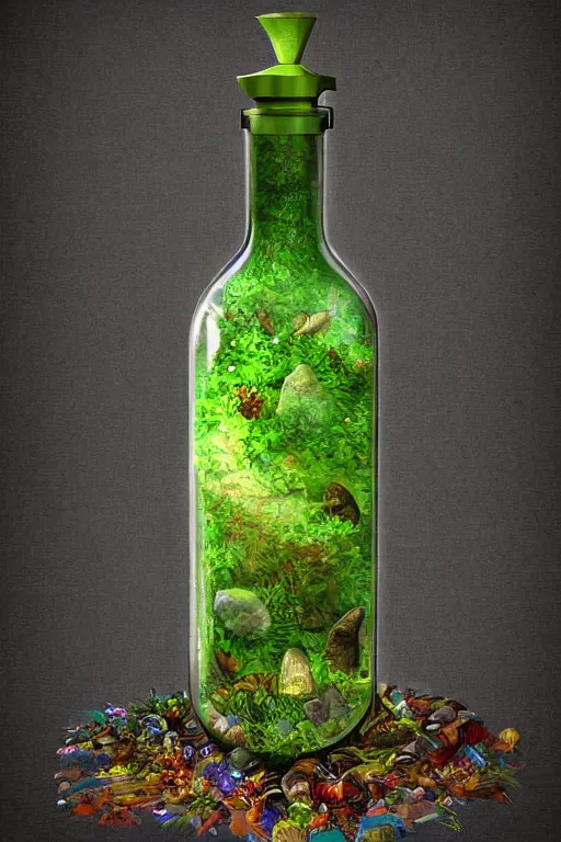 Prompt: a fantasy styled trash inside a terrarium bottle , digital art