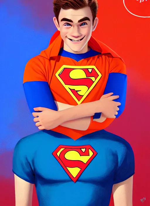 Image similar to friendly teenage archie andrews wearing an orange superhero costume with heart logo, heart, freckles, blue cape, heart emblem on chest, blue cape, intricate, elegant, glowing lights, highly detailed, digital painting, artstation, sharp focus, illustration, art by wlop, mars ravelo and greg rutkowski