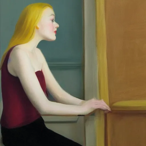 Prompt: Painting of Elle Fanning performing necromancy, long blonde hair, delicate, pale milky white porcelain skin, by Edward Hopper. 8K. Extremely detailed.